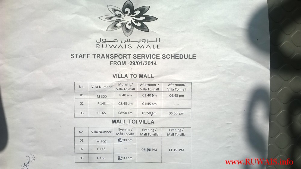 Ruwais Mall Staff - Transport Schedule
