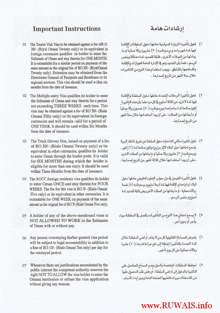 Sultanate of Oman Visa Aplication Form Back