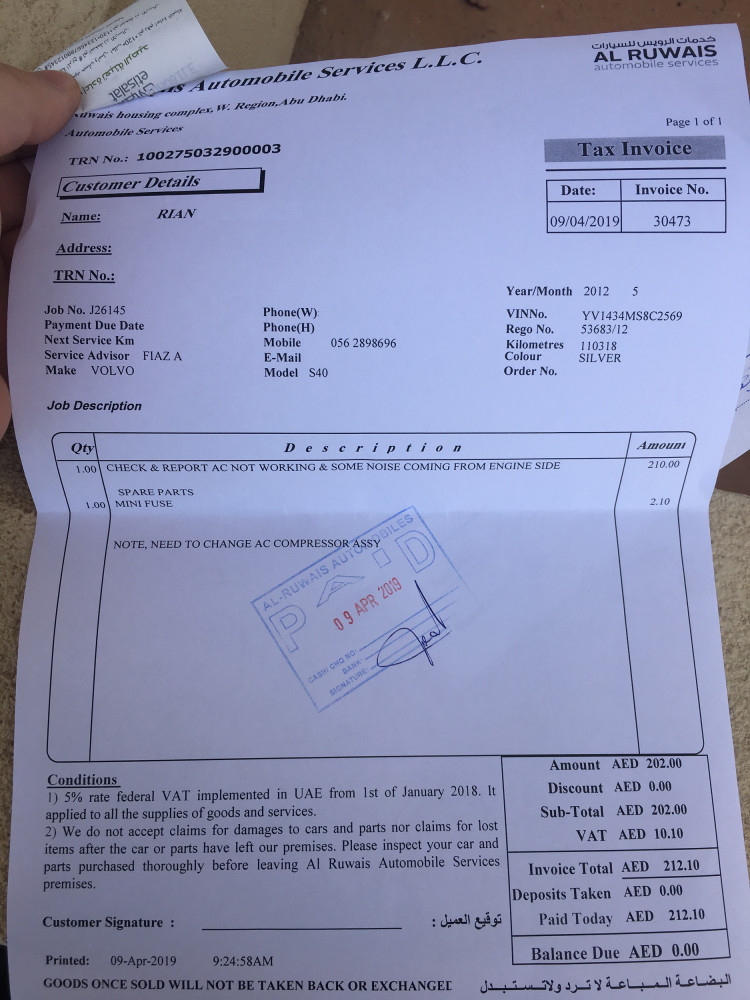 Ruwais Garage Bill